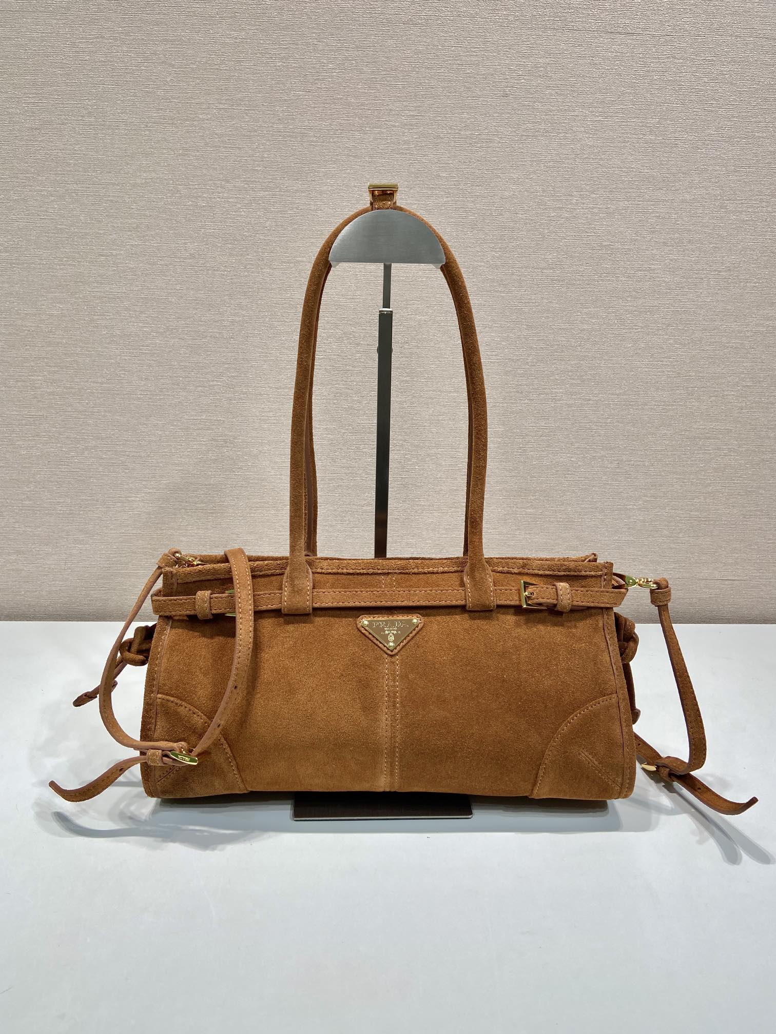 Bagsaaa Pra*a Medium suede handbag brown 1BA426 - 32x15.5x2cm