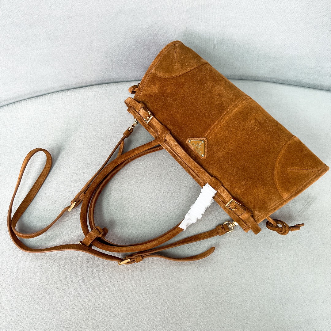 Bagsaaa Pra*a Medium suede handbag brown 1BA426 - 32x15.5x2cm