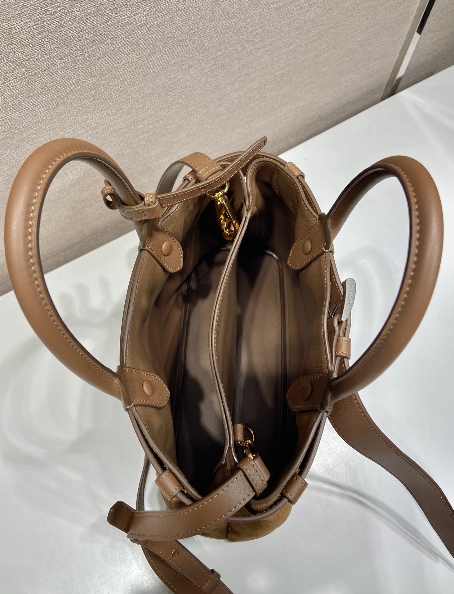 Bagsaaa Medium Pra*a Buckle suede bag with belt light brown - 32Ｘ23Ｘ11CM