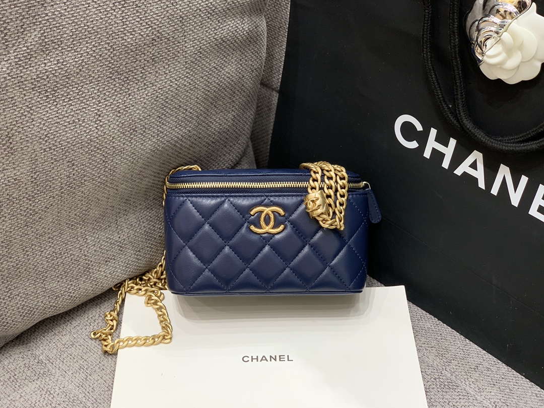 Bagsaaa Ch**el Vanity Case With Adjustable Chain Blue - 16 x 7.5 x 10.5 cm