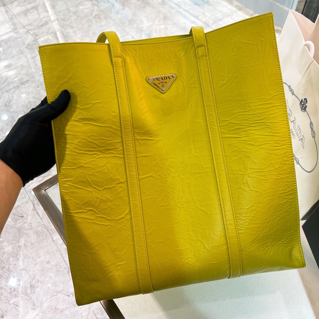 Bagsaaa Pra*a Medium Antique Nappa Leather Tote Bag Yellow - 39*36*13cm