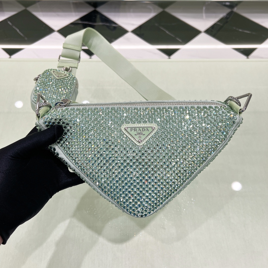 Bagsaaa Pra*a Triangle Shoulder Bag Crystal Embellished Green - 26*14*12cm