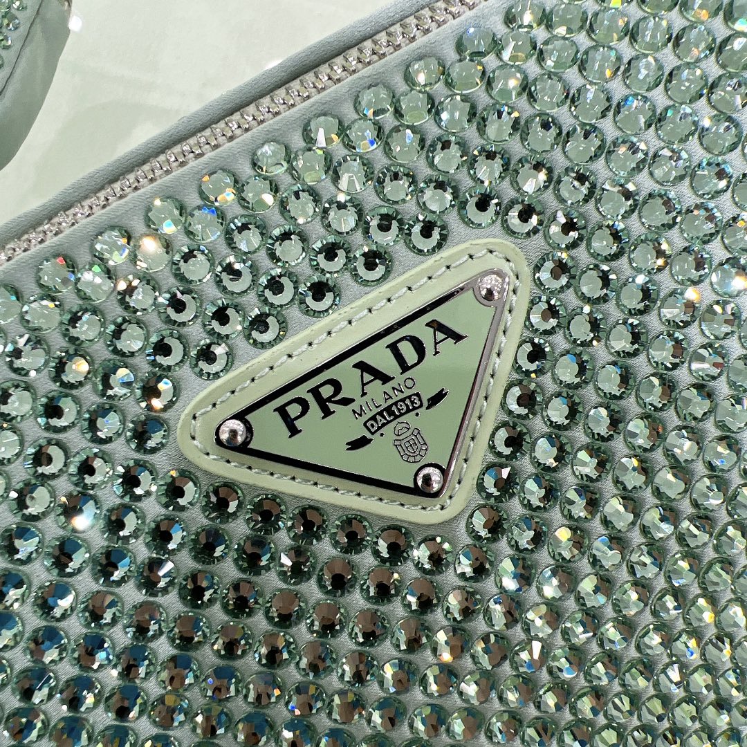 Bagsaaa Pra*a Triangle Shoulder Bag Crystal Embellished Green - 26*14*12cm