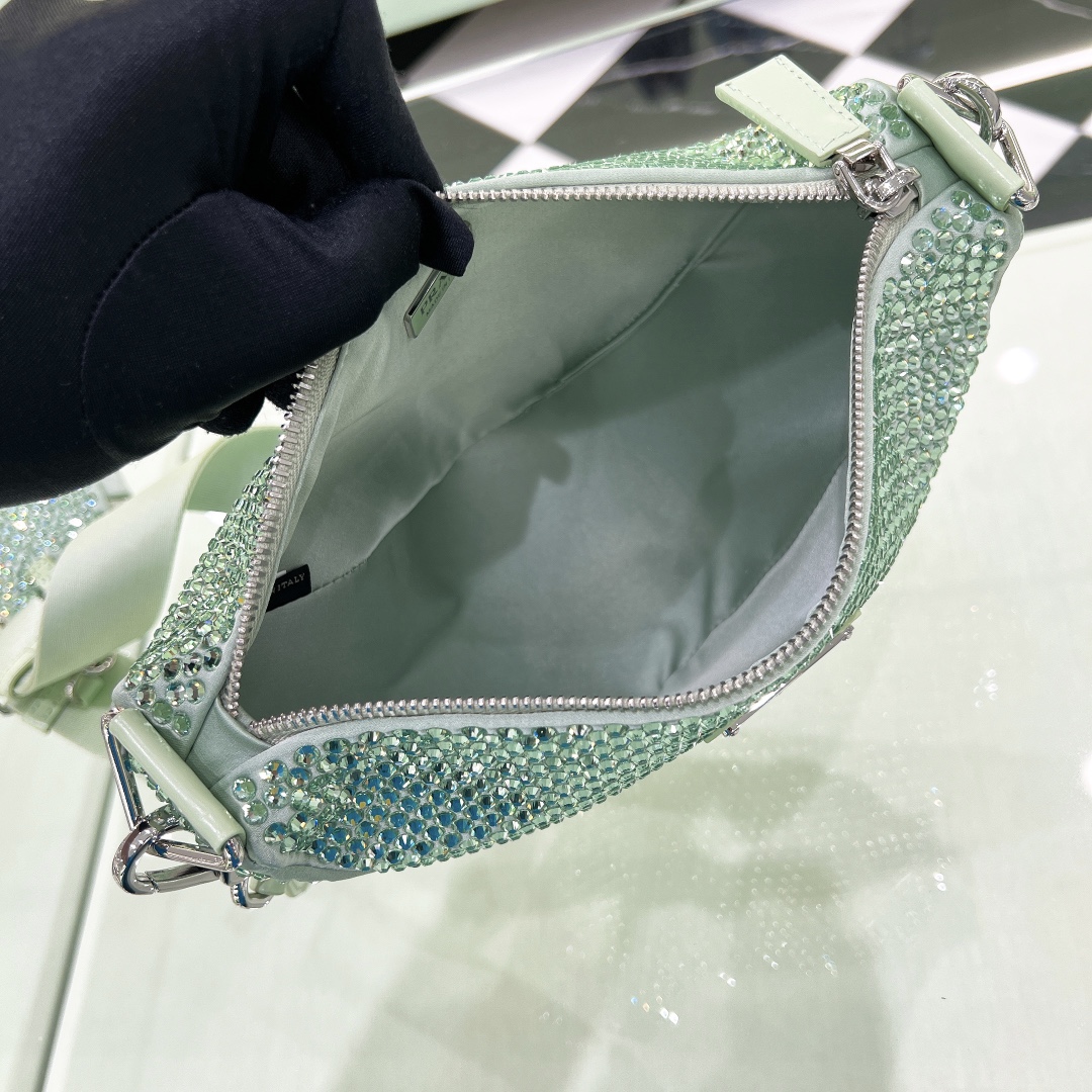 Bagsaaa Pra*a Triangle Shoulder Bag Crystal Embellished Green - 26*14*12cm