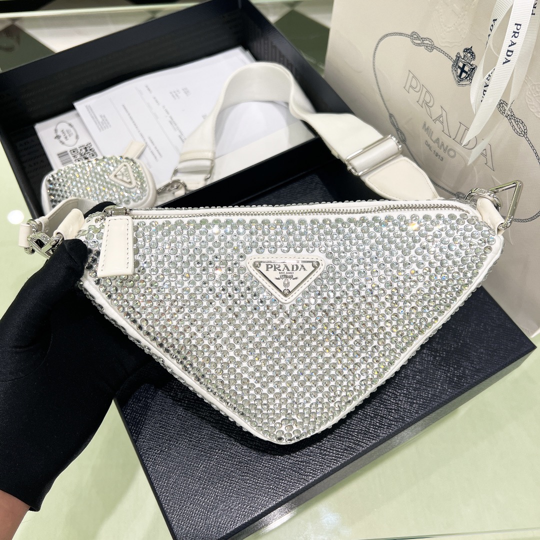 Bagsaaa Pra*a Triangle Shoulder Bag Crystal Embellished White - 26*14*12cm