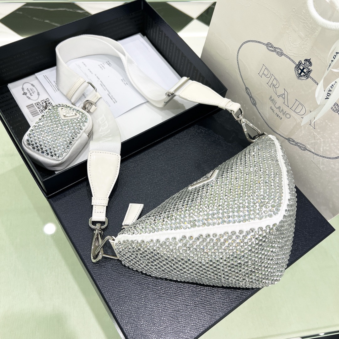 Bagsaaa Pra*a Triangle Shoulder Bag Crystal Embellished White - 26*14*12cm