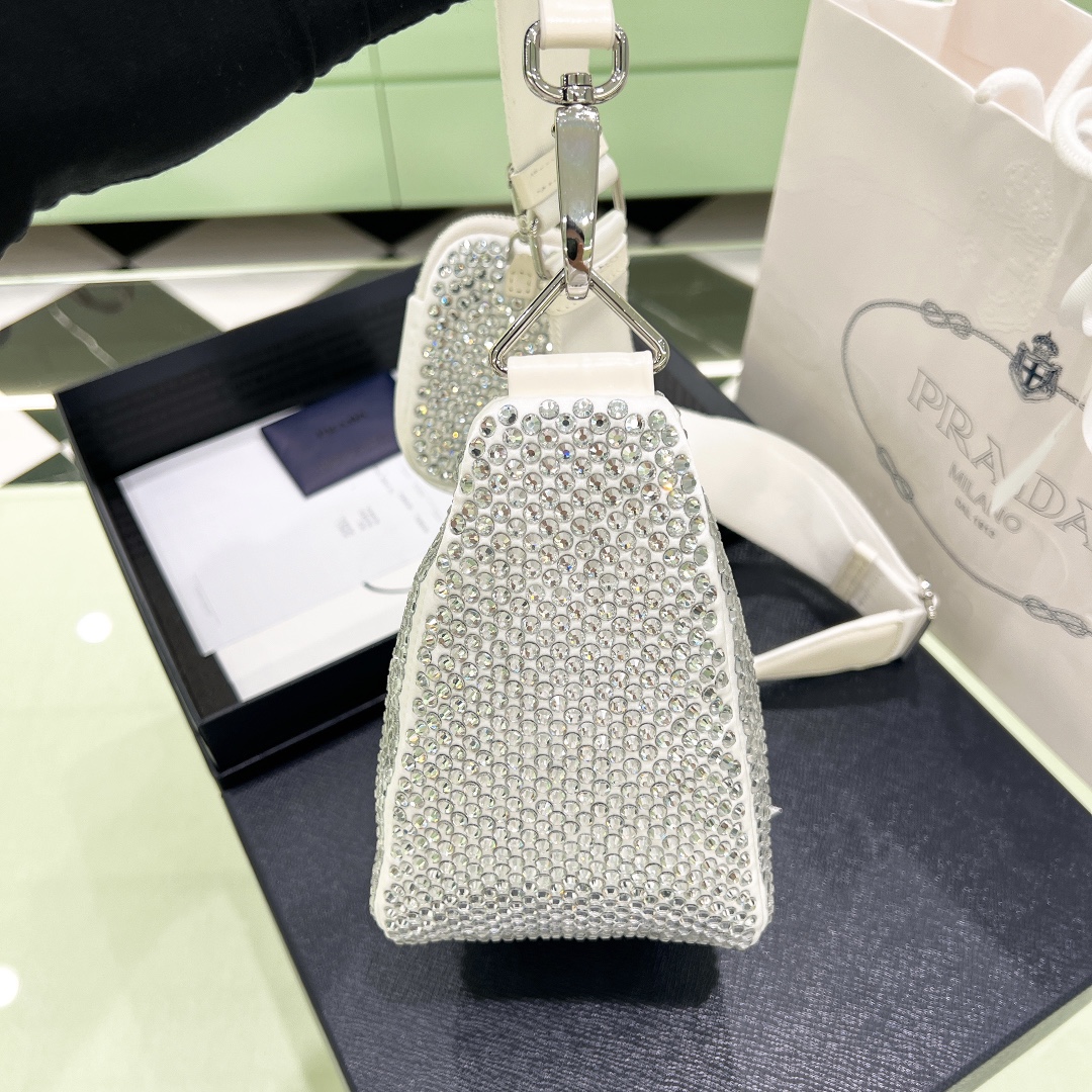 Bagsaaa Pra*a Triangle Shoulder Bag Crystal Embellished White - 26*14*12cm