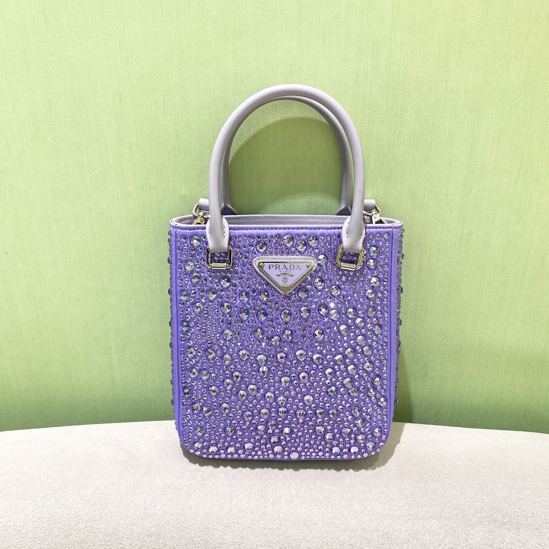 Bagsaaa Pra*a Small Satin Tote Bag With Crystals Purple - 17.5*15*5cm
