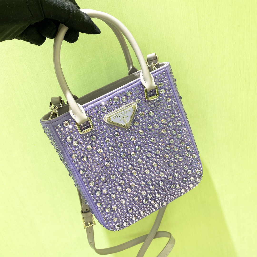 Bagsaaa Pra*a Small Satin Tote Bag With Crystals Purple - 17.5*15*5cm