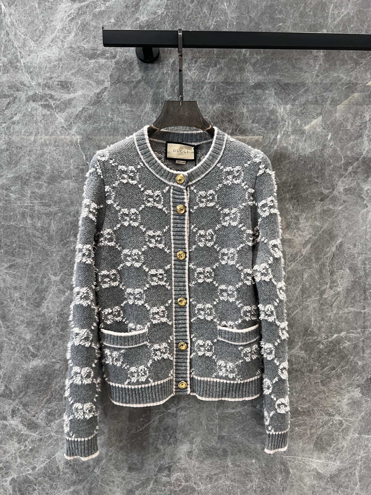 Bagsaaa Gvc*1 GG Wool Bouclé Jacquard Cardigan Gray
