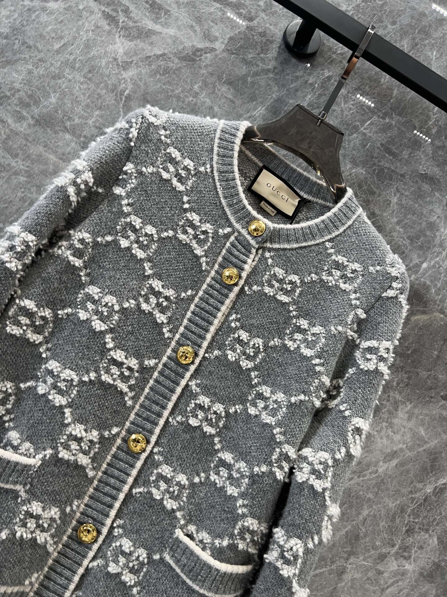 Bagsaaa Gvc*1 GG Wool Bouclé Jacquard Cardigan Gray