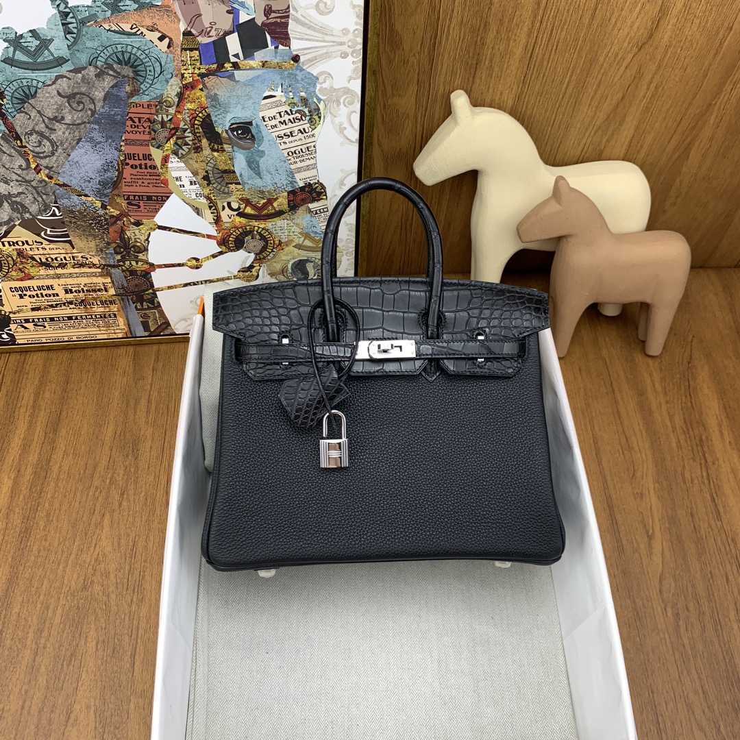 Bagsaaa H**me5 Birkin Touch Black Crocodile & Silver - 25cm
