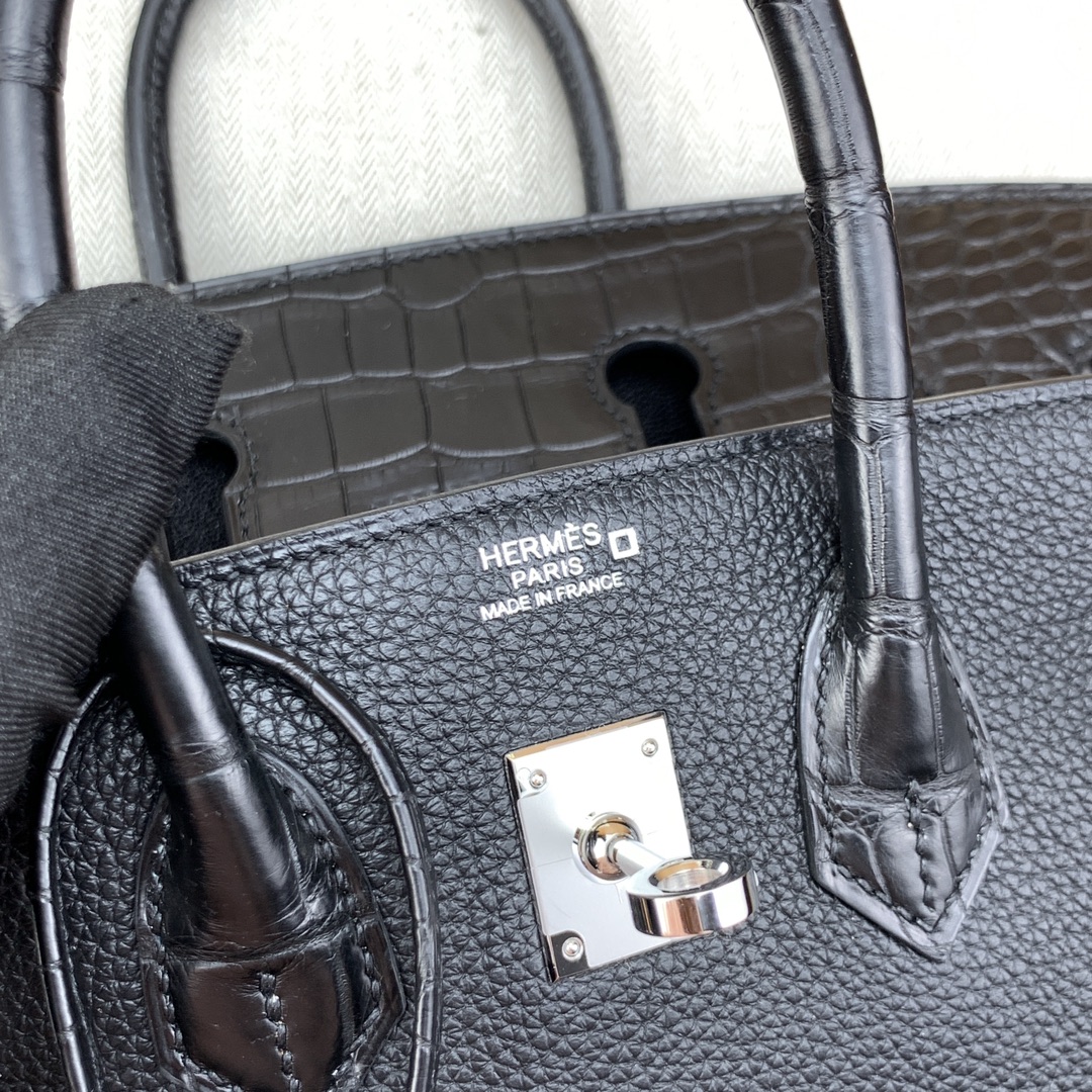 Bagsaaa H**me5 Birkin Touch Black Crocodile & Silver - 25cm