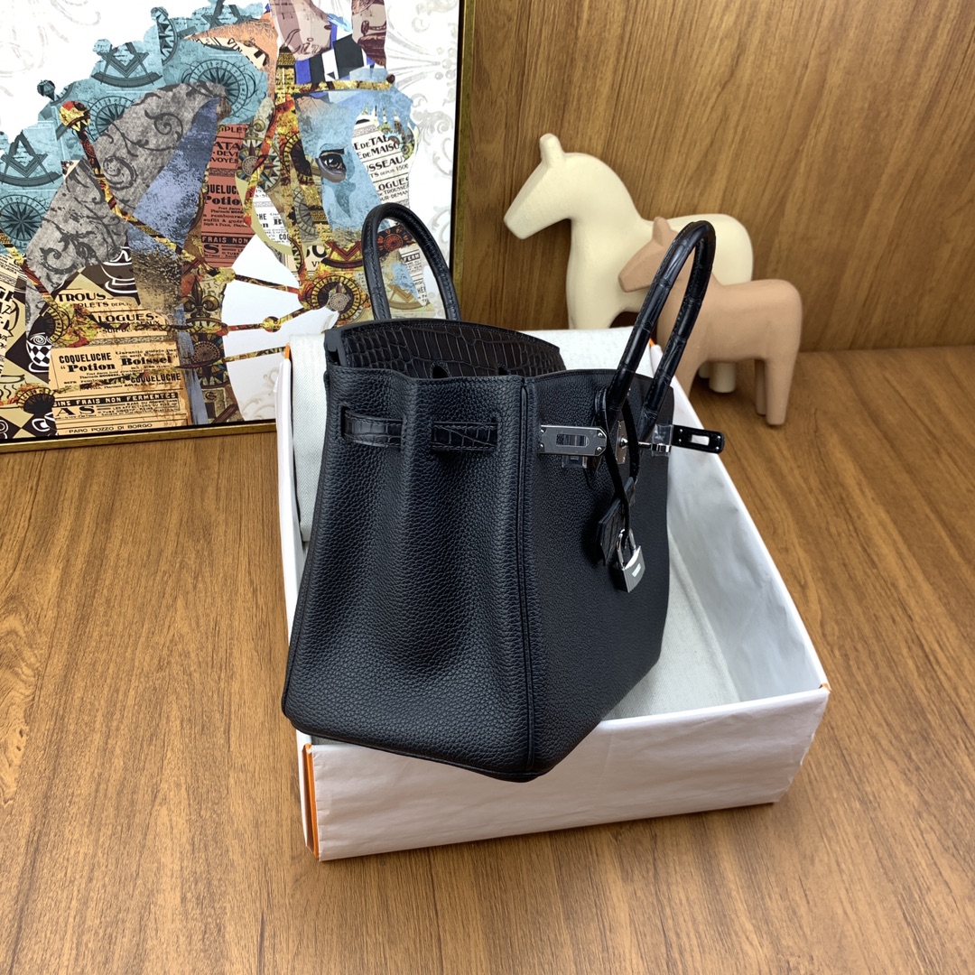Bagsaaa H**me5 Birkin Touch Black Crocodile & Silver - 25cm