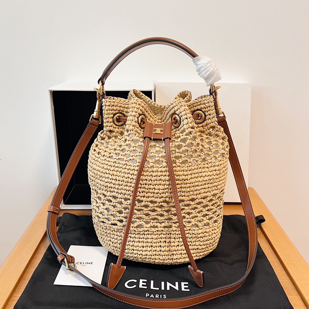 Bagsaaa Clara Ce1i*e Classic Panier In Raffia And Calfskin - 20 x 24 x 20 CM
