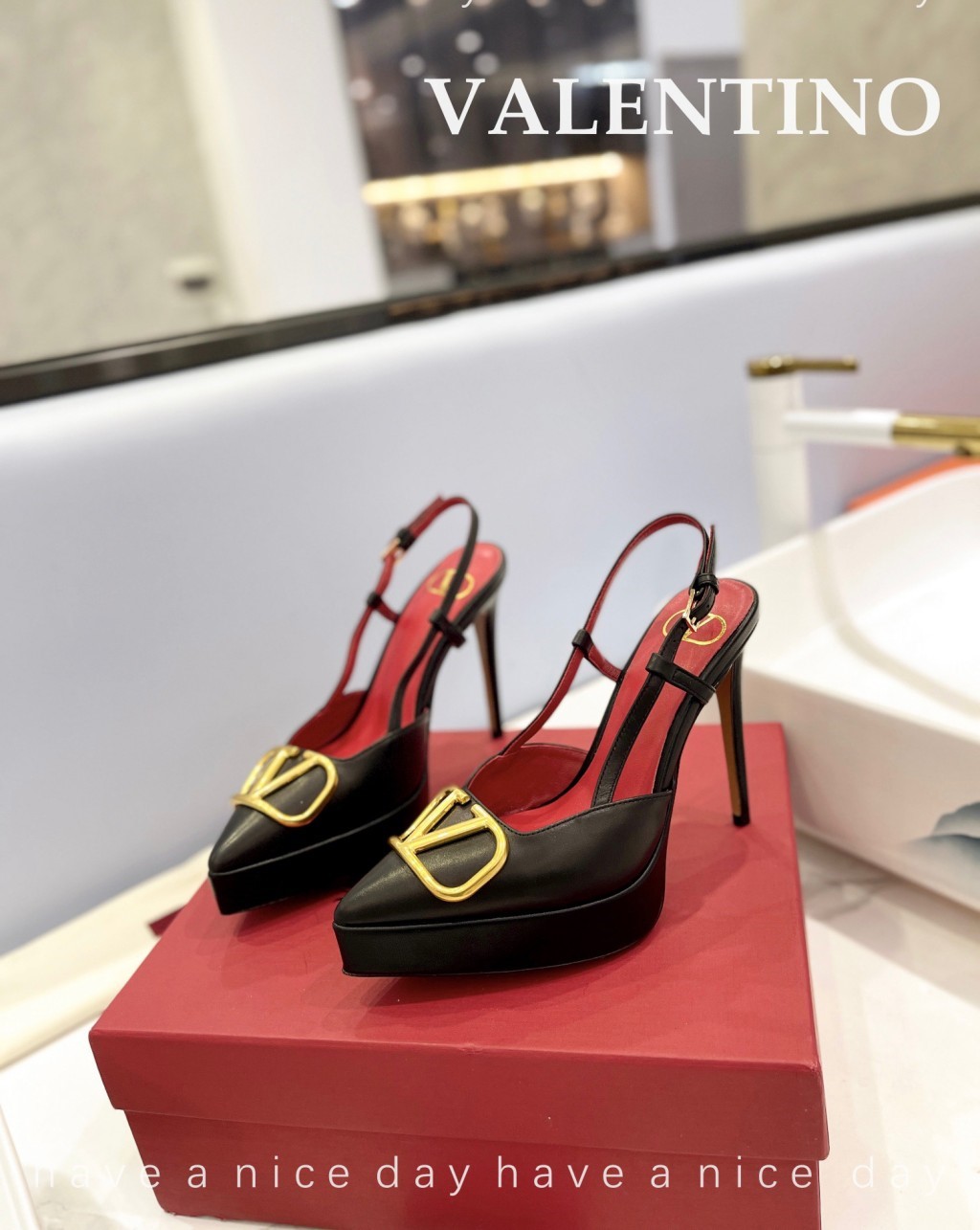 Bagsaaa Va1e*ntin0 Vlogo Signature Calfskin Slingback Platform Pump Black 12 cm