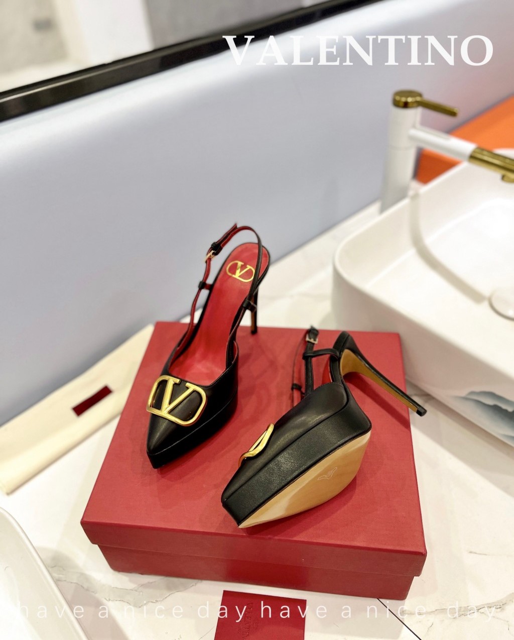 Bagsaaa Va1e*ntin0 Vlogo Signature Calfskin Slingback Platform Pump Black 12 cm