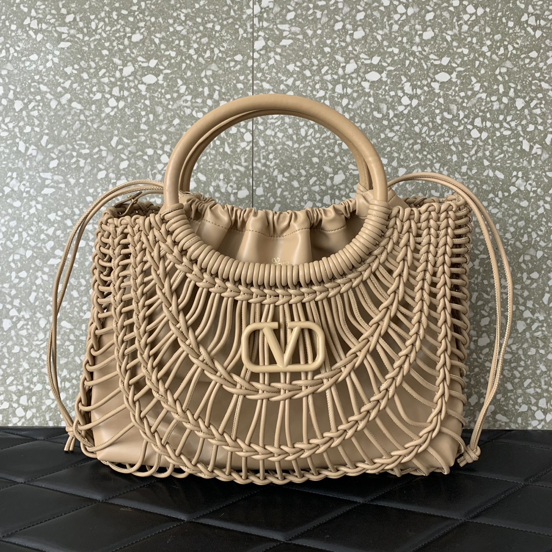 Bagsaaa Va1e*ntin0 Allknots Woven Leather Shopper Beige - 38x34x7 cm