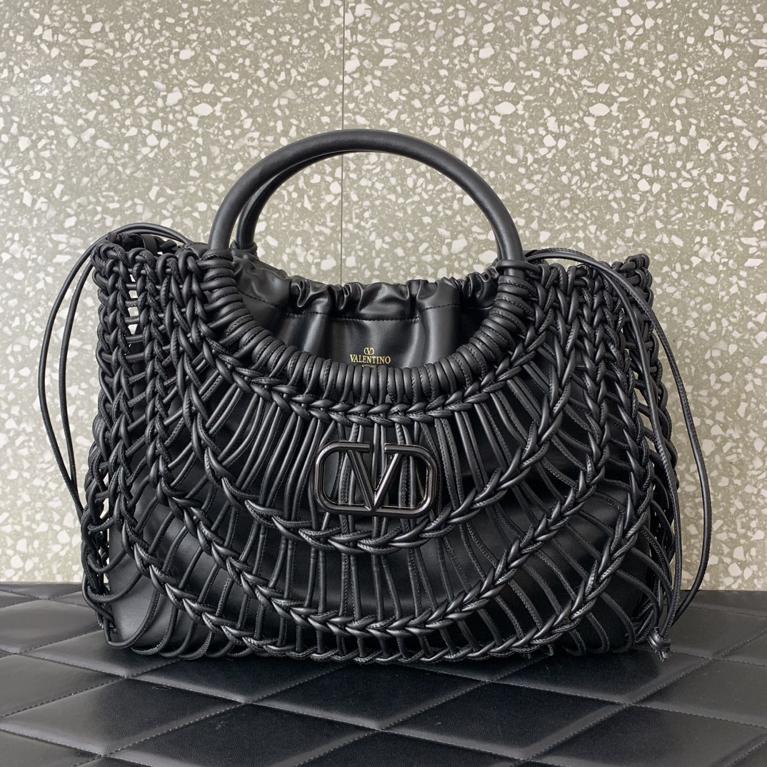 Bagsaaa Va1e*ntin0 Allknots Woven Leather Shopper Black - 38x34x7 cm