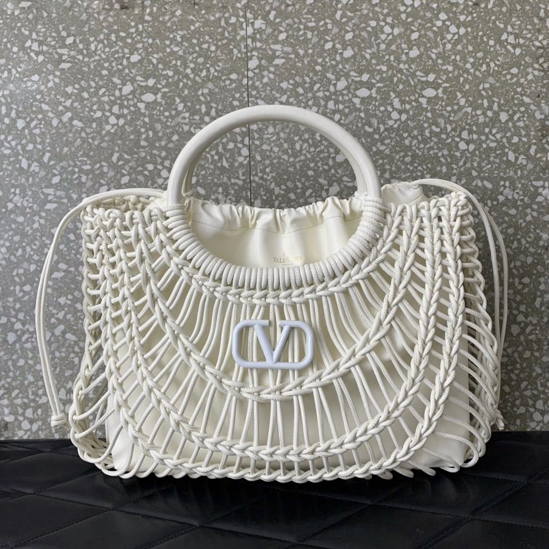 Bagsaaa Va1e*ntin0 Allknots Woven Leather Shopper White - 38x34x7 cm