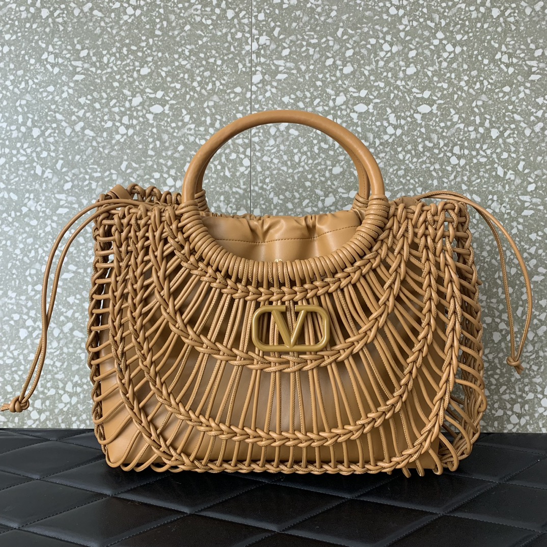 Bagsaaa Va1e*ntin0 Allknots Woven Leather Shopper Dark Beige - 38x34x7 cm