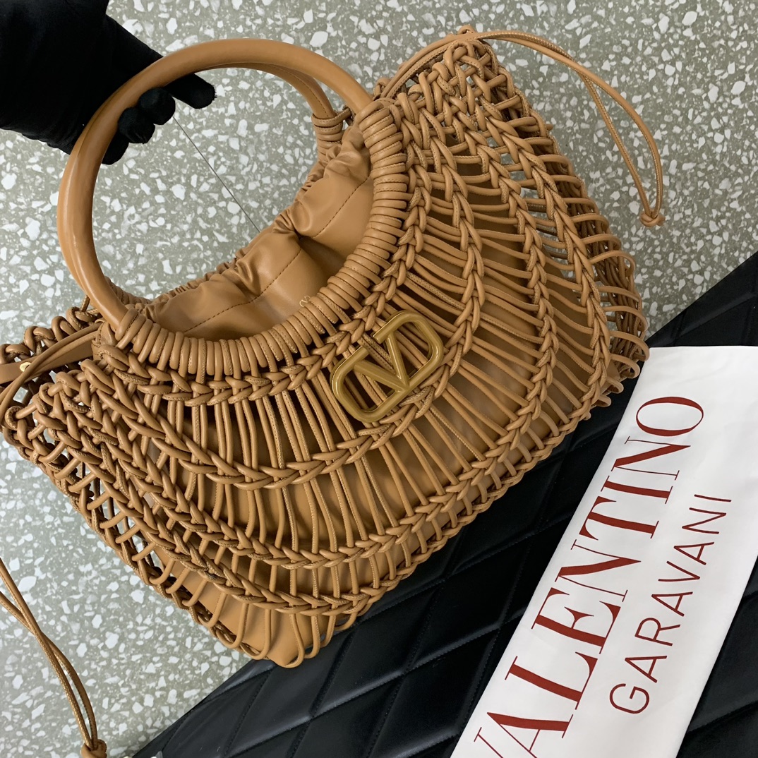 Bagsaaa Va1e*ntin0 Allknots Woven Leather Shopper Dark Beige - 38x34x7 cm