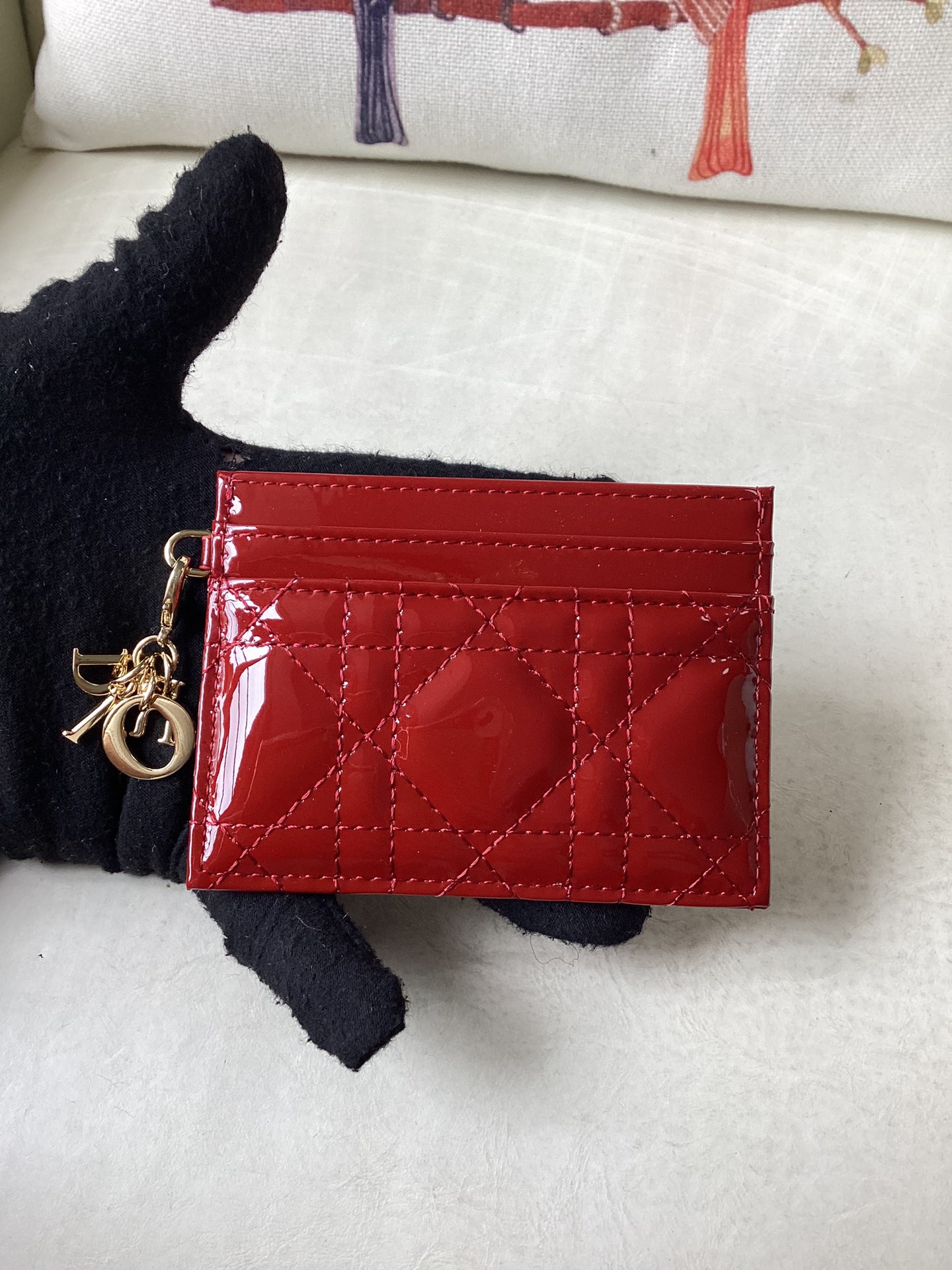 Bagsaaa Lady D10r Freesia Card Holder Red Patent Cannage Calfskin - 10.5 x 7.5 x 1 cm