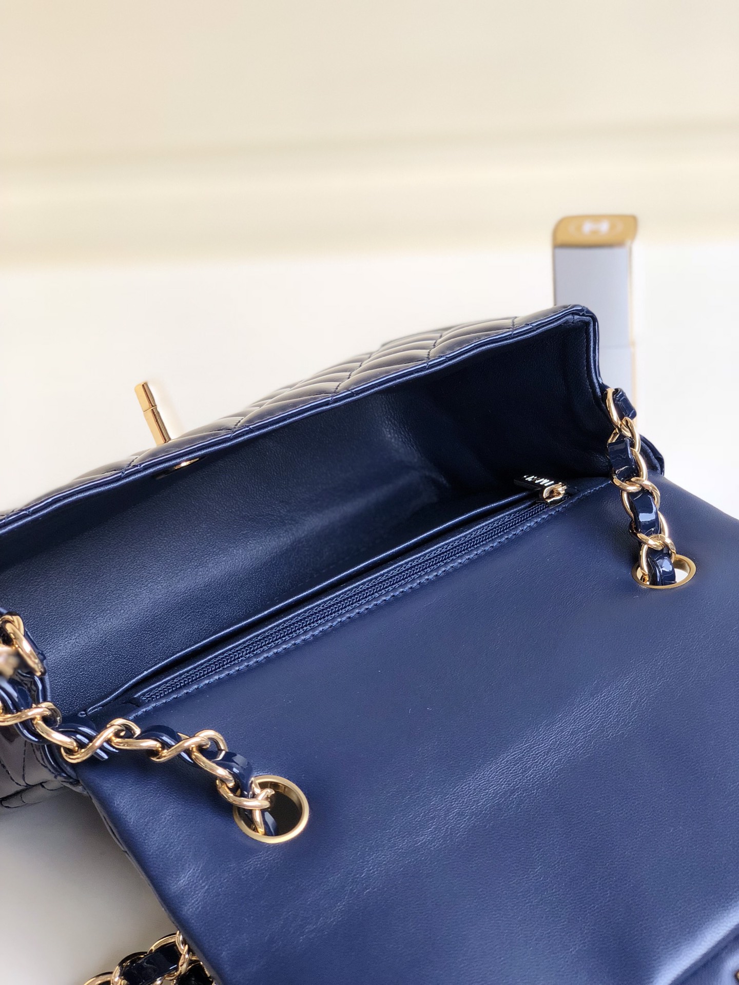 Bagsaaa Ch**el Mini Flap Bag Navy Blue Patent & Gold Hardware - 20cm