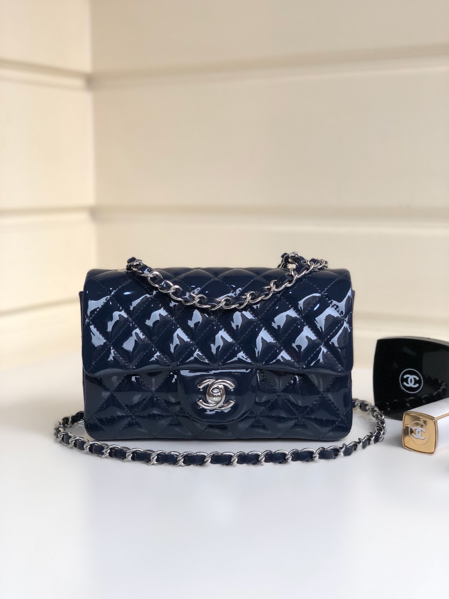 Bagsaaa Ch**el Mini Flap Bag Navy Blue Patent & Silver Hardware - 20cm