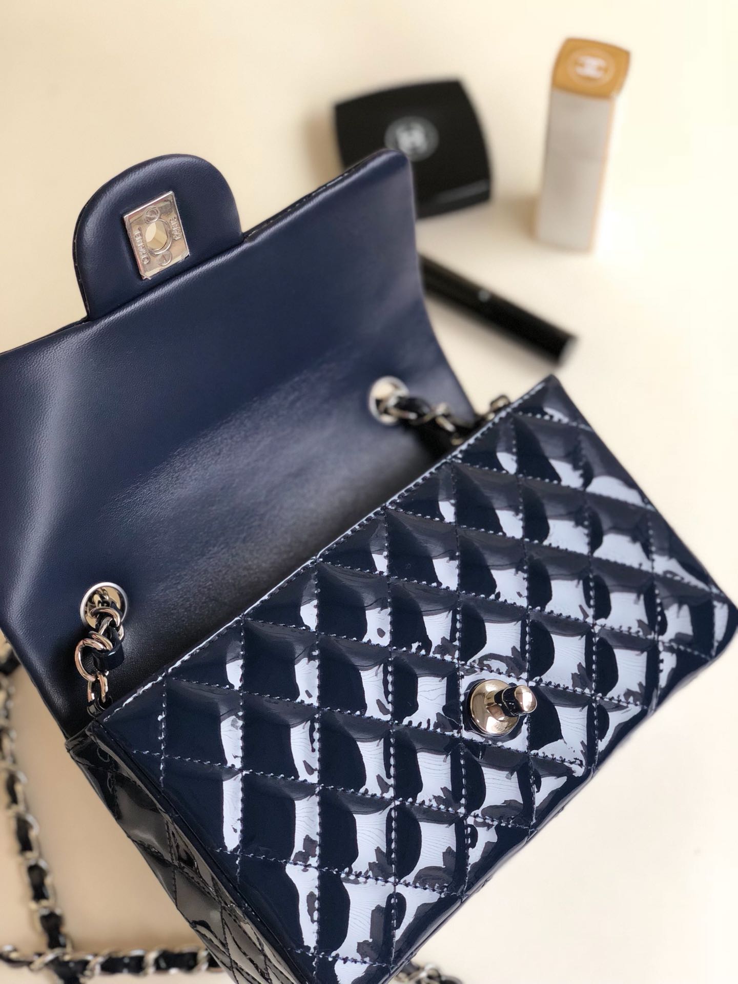 Bagsaaa Ch**el Mini Flap Bag Navy Blue Patent & Silver Hardware - 20cm