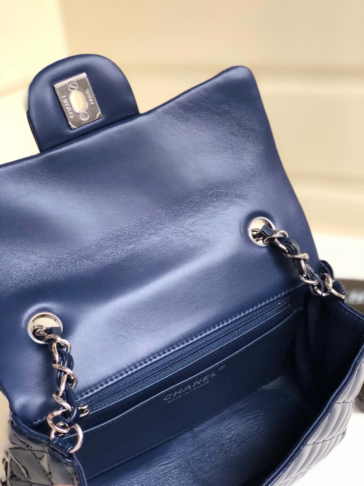 Bagsaaa Ch**el Mini Flap Bag Navy Blue Patent & Silver Hardware - 20cm