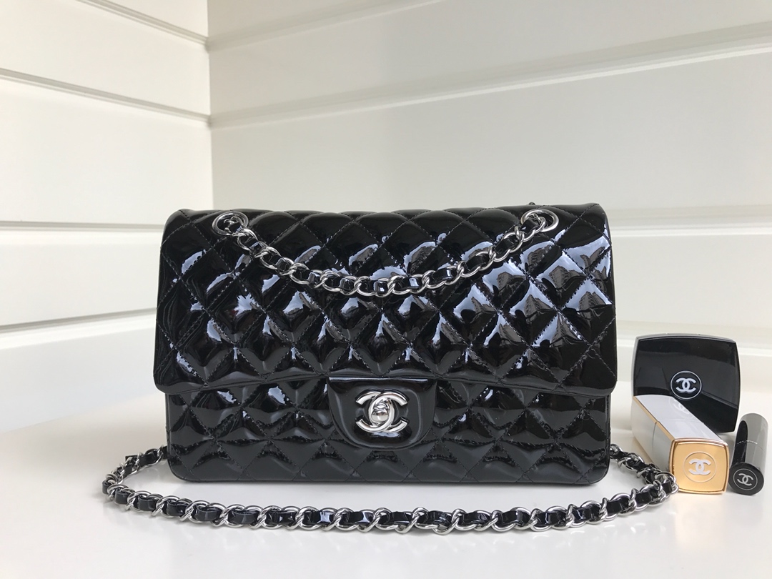 Bagsaaa Ch**el Flap Bag Black Patent & Silver Hardware - 25cm