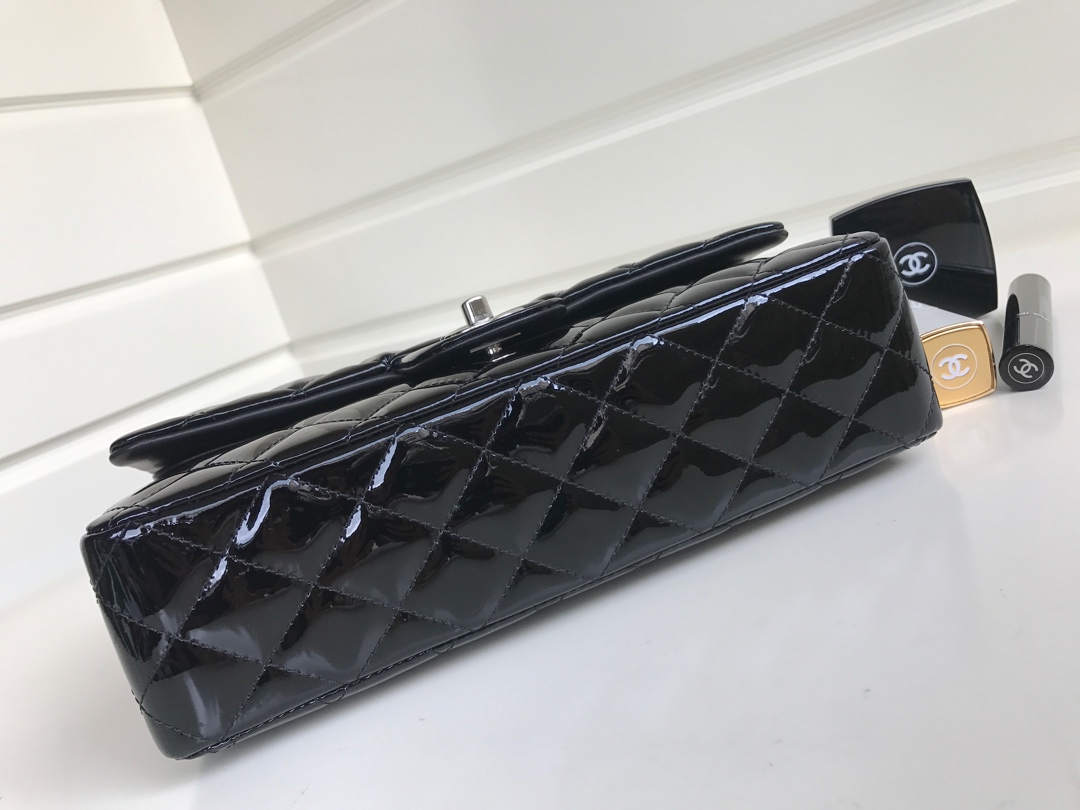 Bagsaaa Ch**el Flap Bag Black Patent & Silver Hardware - 25cm