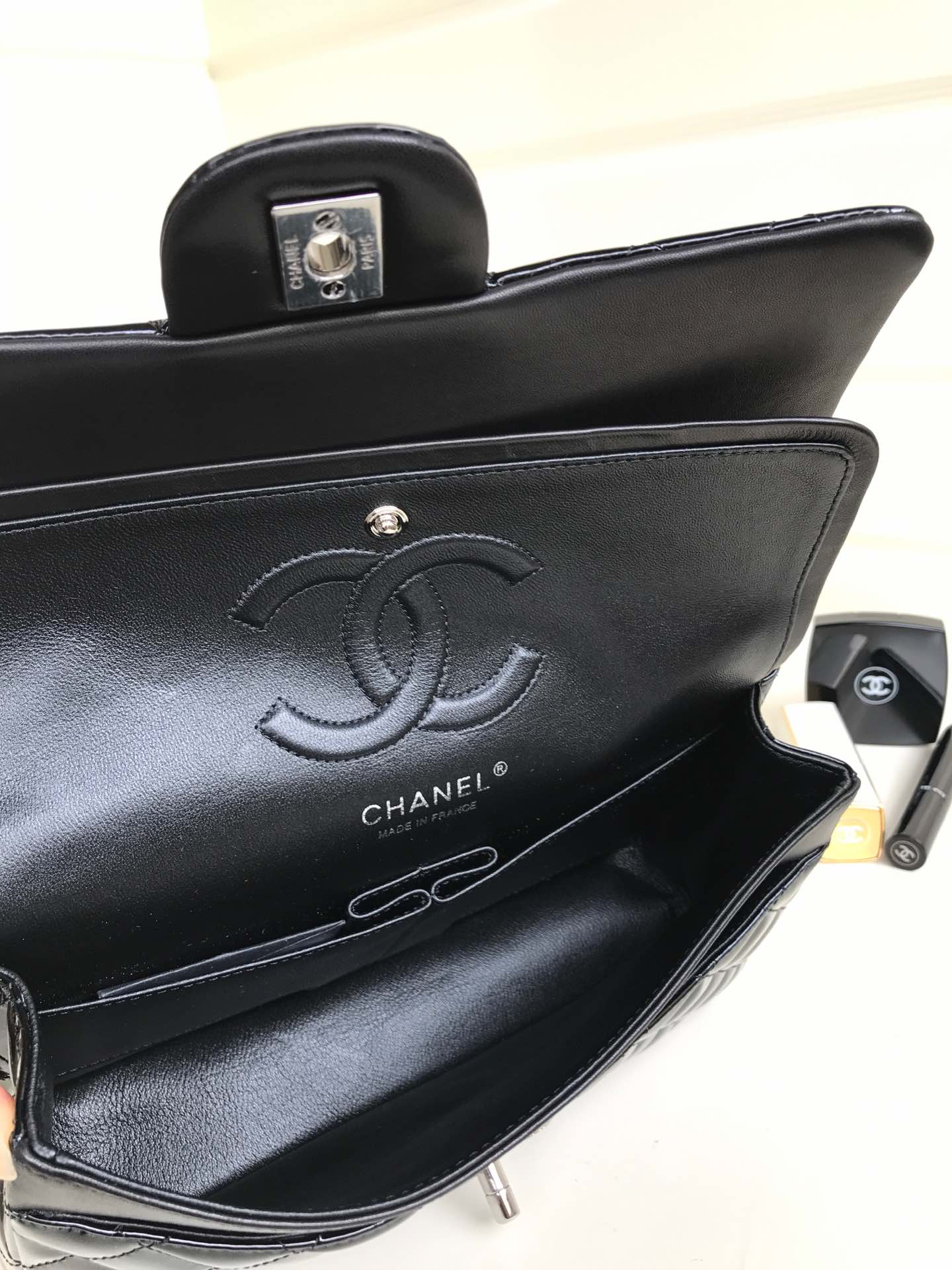 Bagsaaa Ch**el Flap Bag Black Patent & Silver Hardware - 25cm