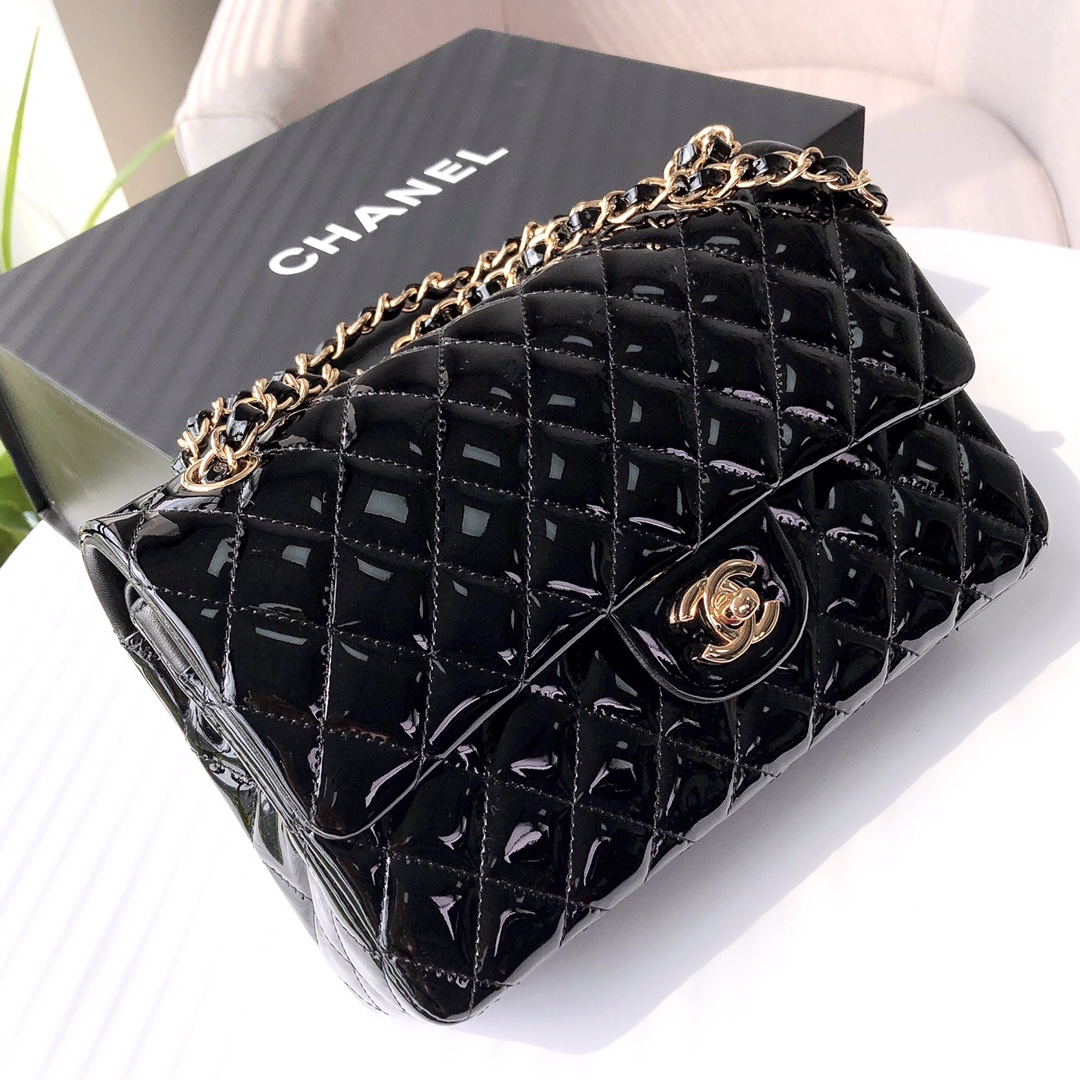 Bagsaaa Ch**el Flap Bag Black Patent & Gold Hardware - 25cm
