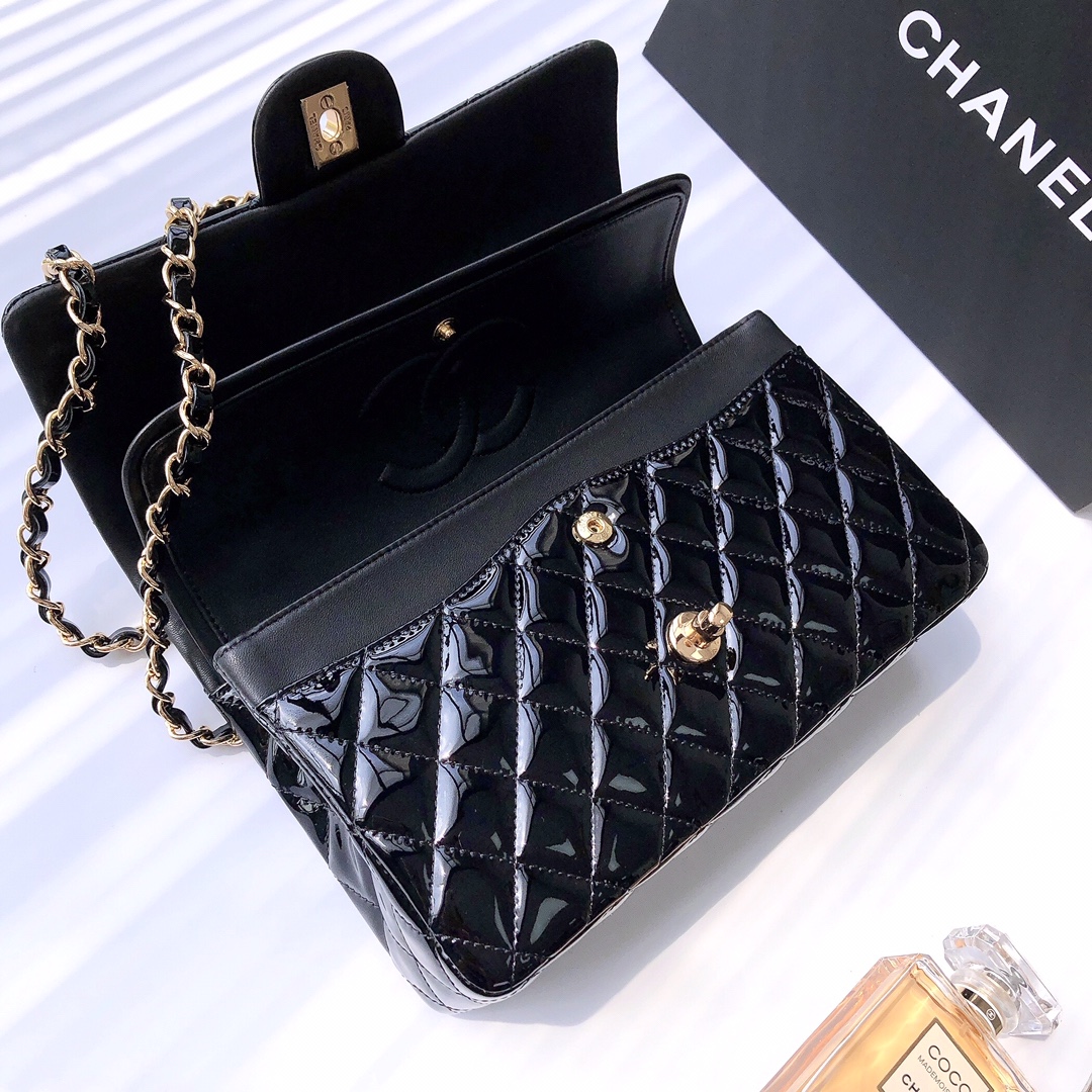 Bagsaaa Ch**el Flap Bag Black Patent & Gold Hardware - 25cm