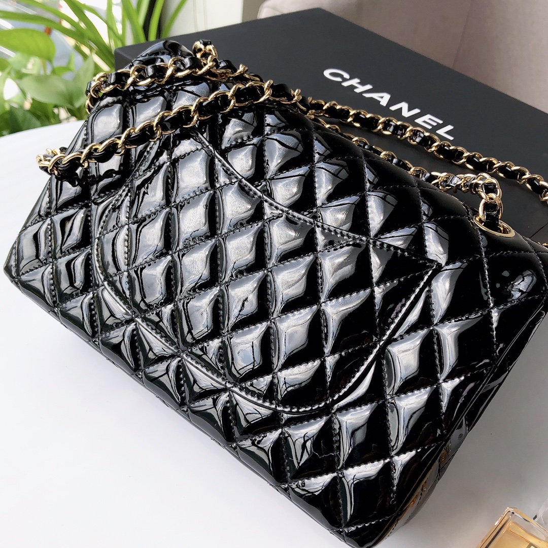 Bagsaaa Ch**el Flap Bag Black Patent & Gold Hardware - 25cm