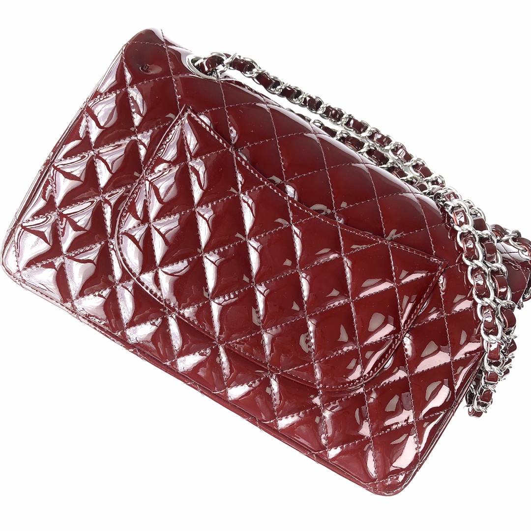 Bagsaaa Ch**el Flap Bag Red Patent & Silver Hardware - 25x15x6cm