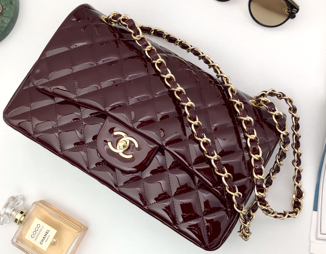 Bagsaaa Ch**el Flap Bag Dark Red Patent & Gold Hardware - 30cm