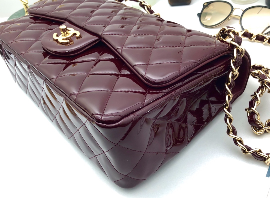 Bagsaaa Ch**el Flap Bag Dark Red Patent & Gold Hardware - 30cm