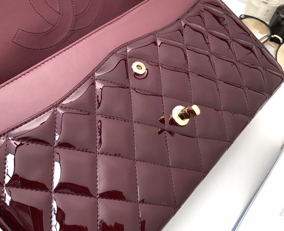 Bagsaaa Ch**el Flap Bag Dark Red Patent & Gold Hardware - 30cm