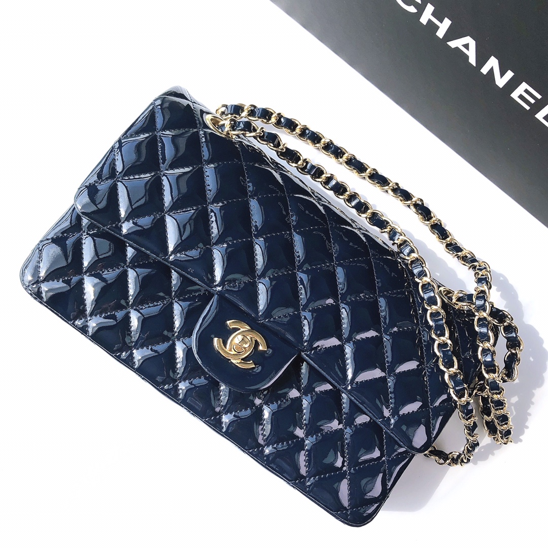 Bagsaaa Ch**el Flap Bag Blue Patent & Gold Hardware - 25x15x6cm
