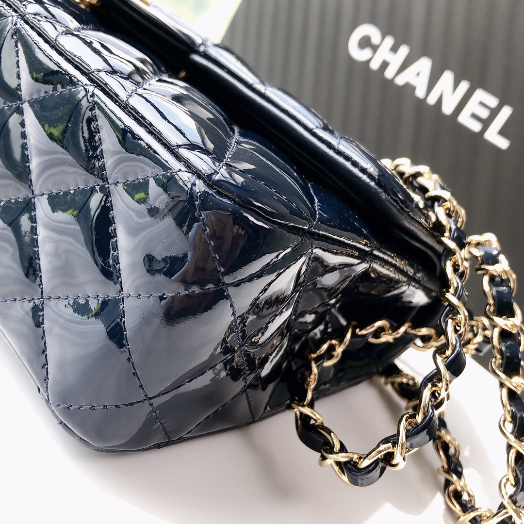 Bagsaaa Ch**el Flap Bag Blue Patent & Gold Hardware - 25x15x6cm