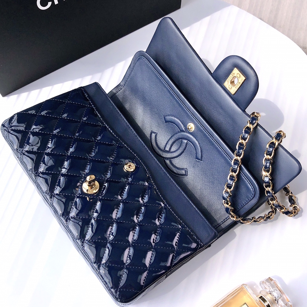 Bagsaaa Ch**el Flap Bag Blue Patent & Gold Hardware - 25x15x6cm