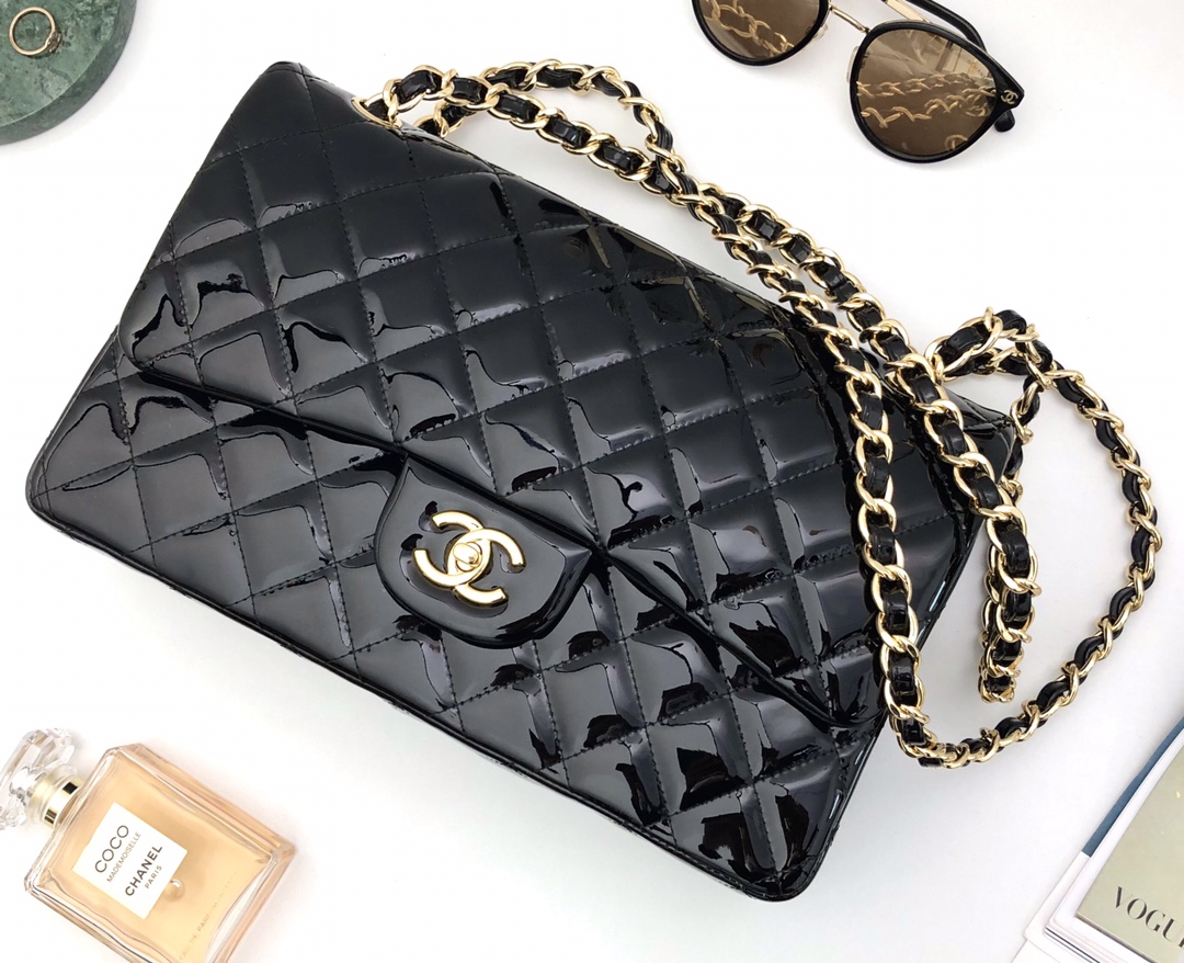 Bagsaaa Ch**el Flap Bag Black Patent & Gold Hardware - 30cm