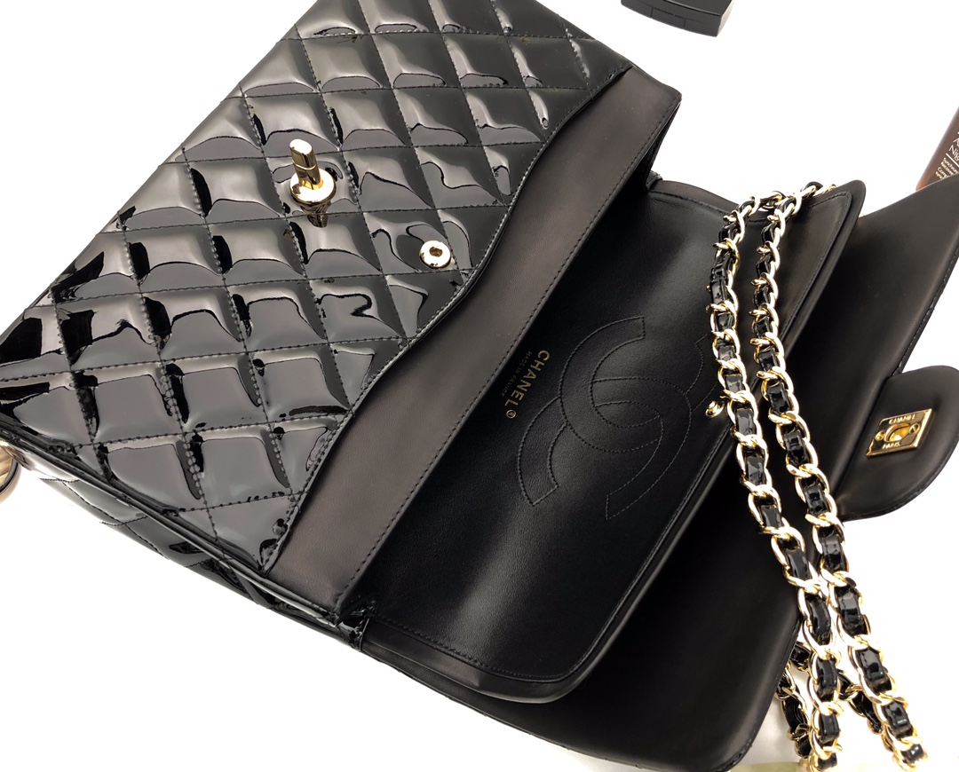 Bagsaaa Ch**el Flap Bag Black Patent & Gold Hardware - 30cm