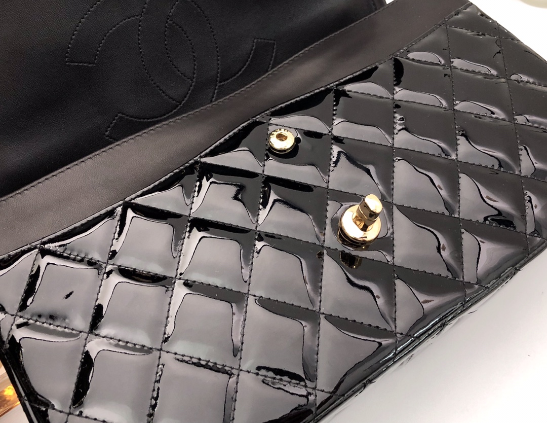 Bagsaaa Ch**el Flap Bag Black Patent & Gold Hardware - 30cm