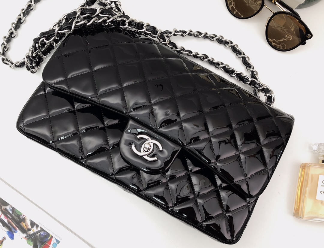 Bagsaaa Ch**el Flap Bag Black Patent & Silver Hardware - 30cm