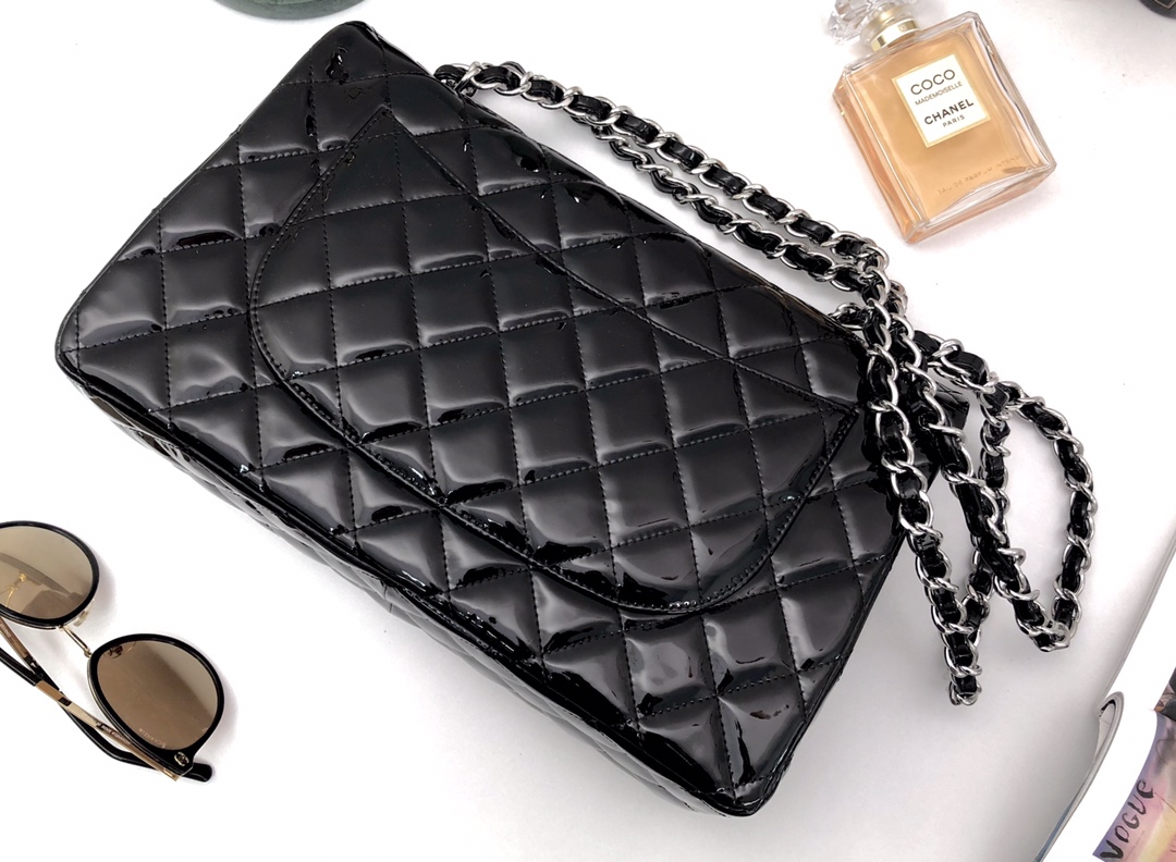 Bagsaaa Ch**el Flap Bag Black Patent & Silver Hardware - 30cm