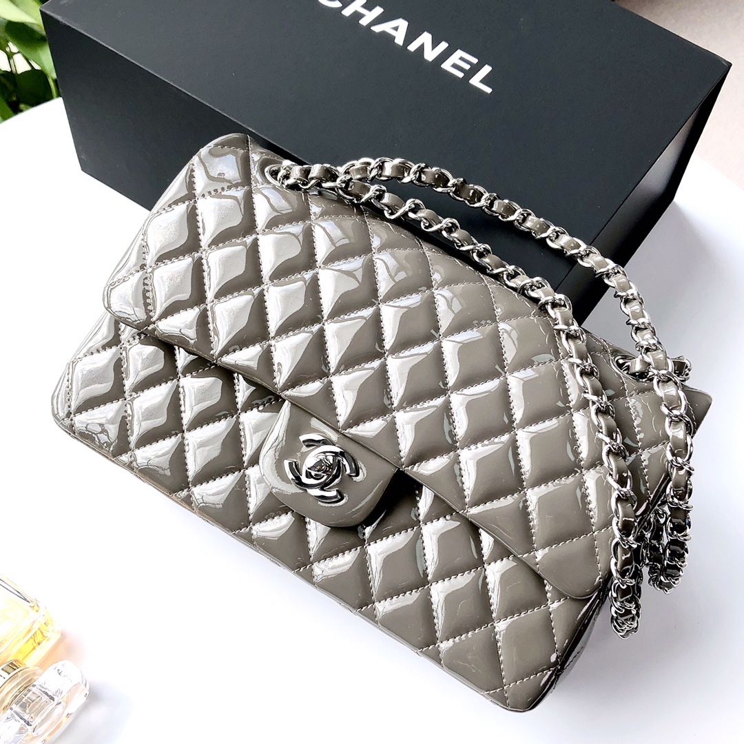 Bagsaaa Ch**el Flap Bag Gray Patent & Silver Hardware - 25x15x6cm